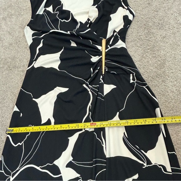 Donna Karan black cream wrap A-line floral midi dress with gold-tone side ring 8 - Picture 11 of 14